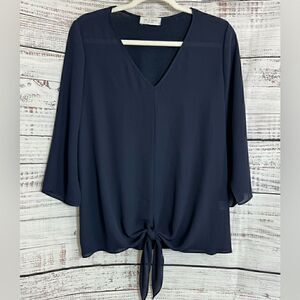 Lola & Sophie Blouse Womens Size Small V Neck tie‎ front Polly Chiffon Navy Blue